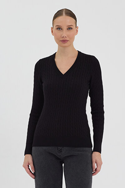 hateko Жіночий светр з 100% бавовни, чорний, з V-подібним вирізом, плетений т...