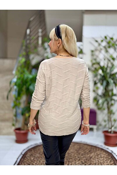 Punta Otantik Yg11716 Leopard Printed Self-Patterned Italian Knitwear Blouse Beige