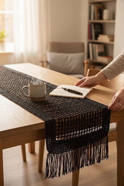 ANJEAHOME Ronse Handcrafted Black Tasseled Table Runner |   Paper String |   Stylish Tableware Decoration