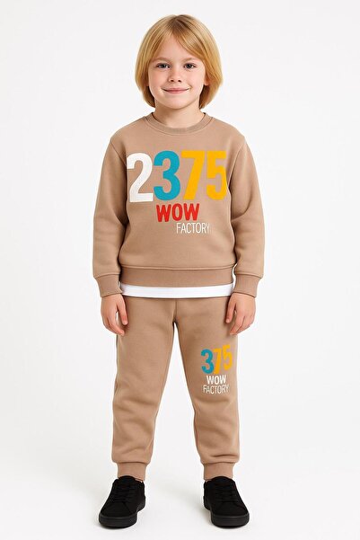 RAPAPA Boy's 3 Thread Ş Fleece-Lined B Printed Tracksuit Set - Mink - 10728