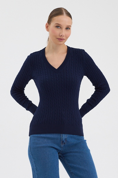 hateko Women's Pure 100% Cotton Navy Blue V-Neck Hair Knit Sweater – Knitted Pattern
