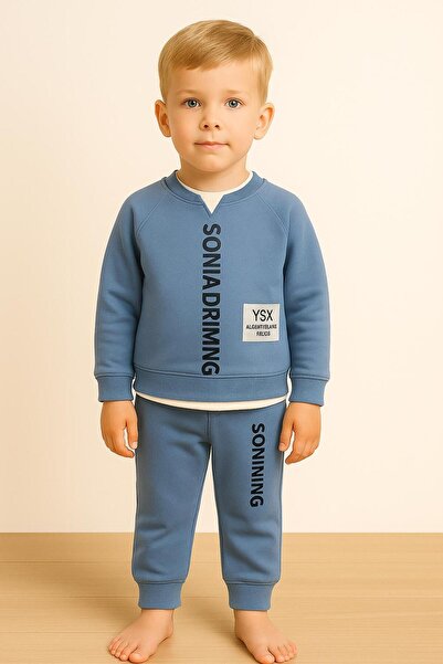 RAPAPA Boy's 3 Thread Ş Fleece-Lined Blue B Printed Tracksuit Set 10725m