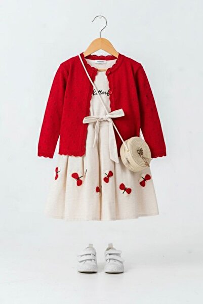 Minigimin Cicileri My Little Girl's Butterfly Embroidered Detailed Bag Dress and Red Cardigan Girl's Combination - Red