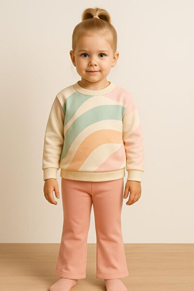 RAPAPA Girl's 3 Thread Ş Fleece-Lined Pastel Patterned Sweatshirt and Pink Leggings Set 10769 Somon
