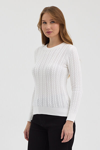 hateko Жіночий светр з 100% бавовни, білий, з круглим вирізом, плетений, з візерунком