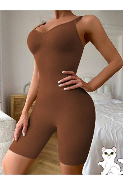 MİSTİRİK Larix Model Full Length Premium Belly Slimming Jumpsuit Corset Coffee Color
