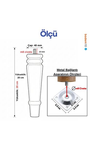 NZB Natural Wood Leg Unpainted Raw Cylinder Furniture Armchair Sofa Leg Including Metal Bracket Bohemian 20 cm