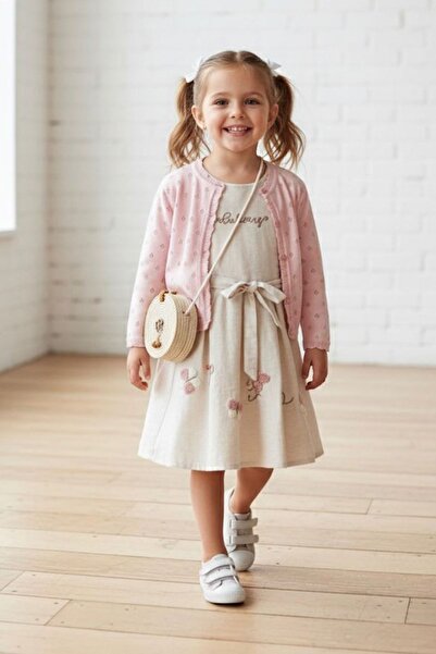 Minigimin Cicileri My Little Girl's Butterfly Embroidered Detailed Bag Dress and Red Cardigan Girl's Combination - Pink