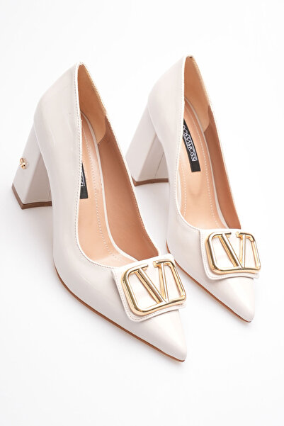 AleWomen Walkey Cream Patent Leather Gold W Buckle Thick Heel Women's Shoes