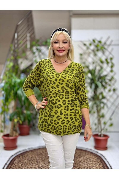 Punta Otantik Yg6266 Leopard Patterned Italian Knitwear Blouse Pistachio