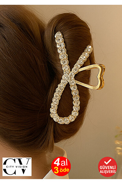cityvision Stone Detailed Gold Bow Shaped 11 cm Hair Clip – Elegant and Sparkling Design