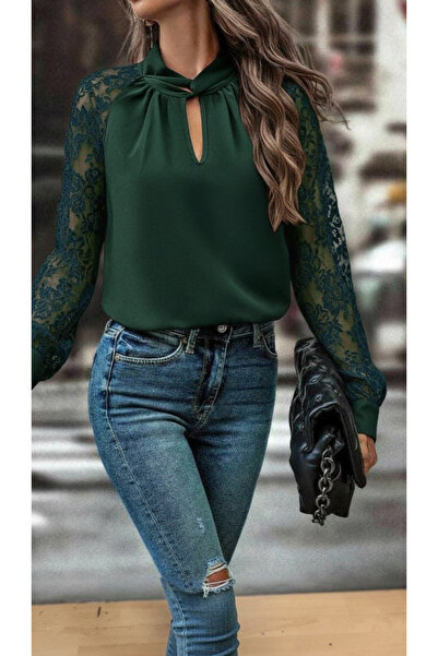 JANES Women's Long Sleeve Chest Window Detail Lapel Turtleneck Sleeves Tulle Sandy Blouse