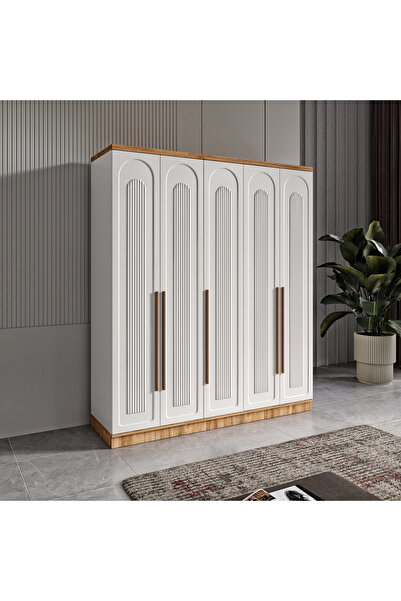 GuneyStore Ücretsiz Montaj Flora 5 Kapaklı Komple MDF Atlantik Çam-Beyaz Gardırop - Elbise Dolabı