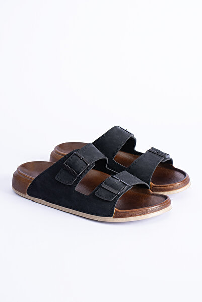 Polomia Comfort Dustin Men's Double Band Buckle Suede Leather-Look Anatomical Casual Daily Slippers