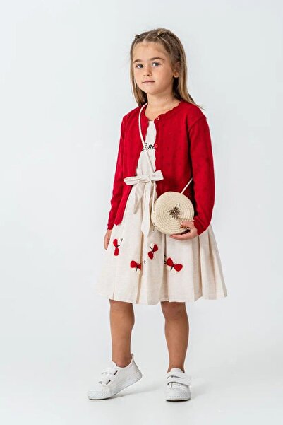 Minigimin Cicileri My Little Girl's Butterfly Embroidered Detailed Bag Dress and Red Cardigan Girl's Combination - Red