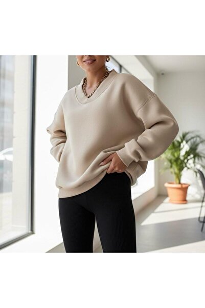 CAST COLLECTİON Γυναικείο φούτερ μπεζ με λαιμόκοψη σε σχήμα V oversized