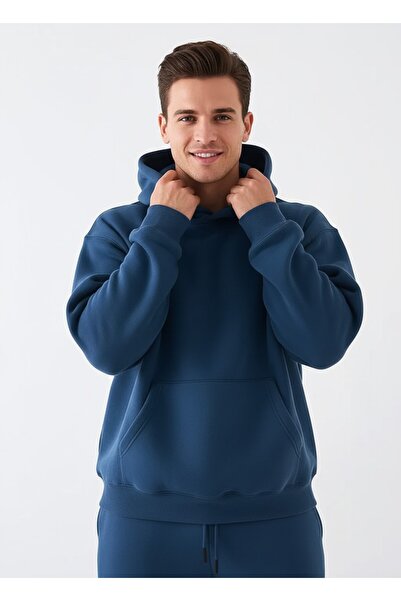 525 Erkek Mavi Oversize Hoodie Sweatshirt