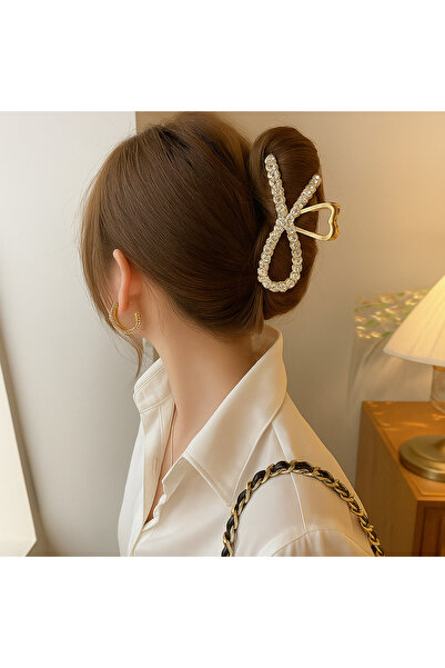 cityvision Stone Detailed Gold Bow Shaped 11 cm Hair Clip – Elegant and Sparkling Design