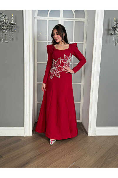 dantil embroidered red dress