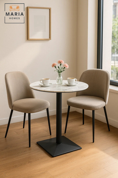 MARIA HOMES Round White Marble Dining Table – Modern Café, Restaurant, Office & Home Metal Furniture 60×60 cm