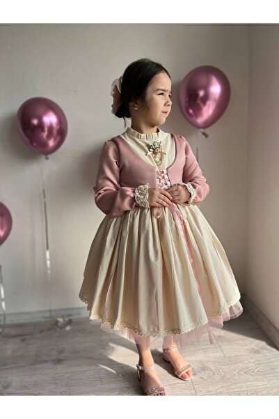 Sare Çocuk Giyim Girl's Premium Deluxe Powder Pink Satin Lace-Up Noble Birthd...