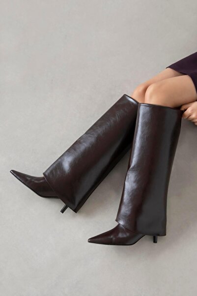 STRASWANS Zack Women's Leggings Detail Wrinkled Leather Boots Brown