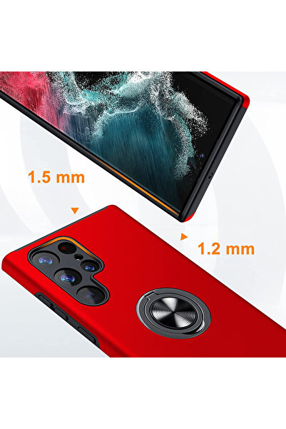 MobileSmart Case for Samsung Galaxy S22 ULTRA, Military Protection, 360° Kickstand Metal Ring, Shockproof, Red