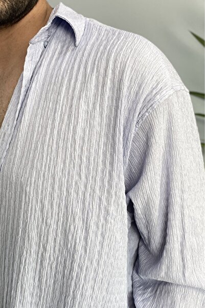 Alışveriş Sokağı Crinkle Fabric Oversized Soft Textured Blue Shirt
