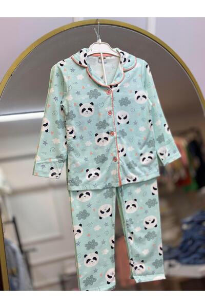 ArdenKids 4-12 Yaş Yeşil Pandalı Pijama Takımı (Uyku Bandı hediyeli)