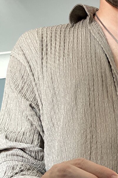 Alışveriş Sokağı Crinkle Fabric Oversized Soft Textured Blue Shirt