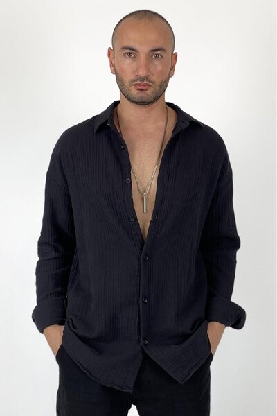 Alışveriş Sokağı Oversized Summer Black Muslin Fabric Shirt