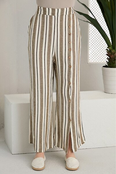 Alışveriş Sokağı Buttoned Design Pocketed Linen Trousers Khaki Color