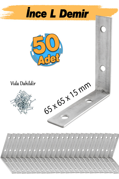 Badem10 Metal Köşebent 65x65x15 mm (50 ADET) İnce L Demiri Gönye Mobilya Duva...