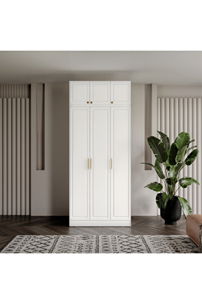 GuneyStore Ücretsiz Montaj Milas Gold 3 Kapaklı Komple MDF Yüklüklü Beyaz Gardırop