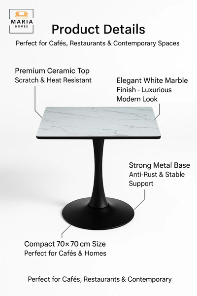 MARIA HOMES Rectangular White Marble Dining Table – Modern Café, Restaurant, Office & Home Furniture 70×70 cm
