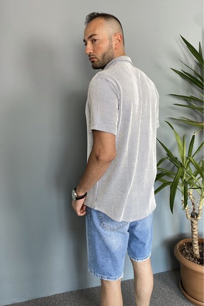 Alışveriş Sokağı Κοντομάνικο ζακάρ μπλε πουκάμισο