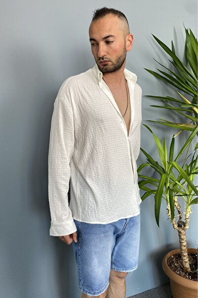 Alışveriş Sokağı Crinkle Fabric Oversized Soft Textured Blue Shirt