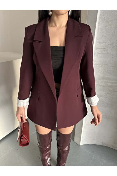 Moda İkra Women's Lined Blazer Jacket with Striped Fold Detail on the Sleeve