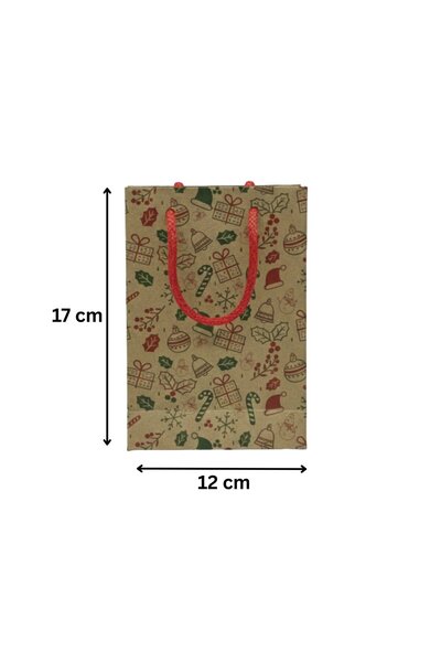 roco paper Yılbaşı Desenli Kraft Karton Çanta Seti - 6lı, Kırmızı Saplı Parti, Noel, Hediye Çantası, 12x17 Cm