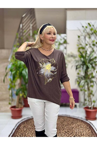 Punta Otantik Yg3003 Flower Printed Italian Knitwear Blouse Brown