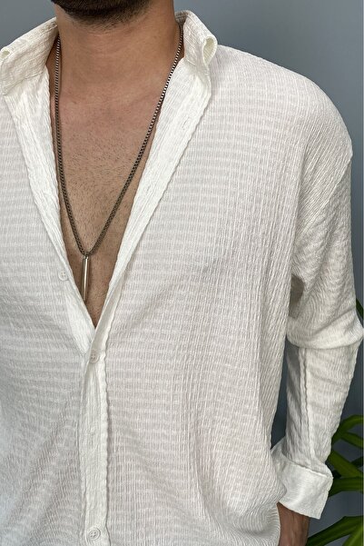 Alışveriş Sokağı Crinkle Fabric Oversized Soft Textured Blue Shirt