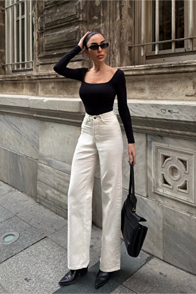 Fav Style Γυναικείο τζιν παντελόνι με ψηλόμεσο κρεμ