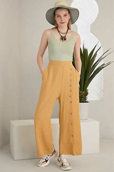 Alışveriş Sokağı Buttoned Design Pocketed Linen Trousers Khaki Color