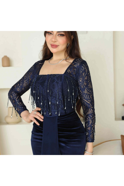 Nice Model Navy blue velvet lace evening dress