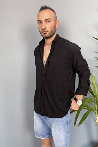 Alışveriş Sokağı Crinkle Fabric Oversized Soft Textured Blue Shirt