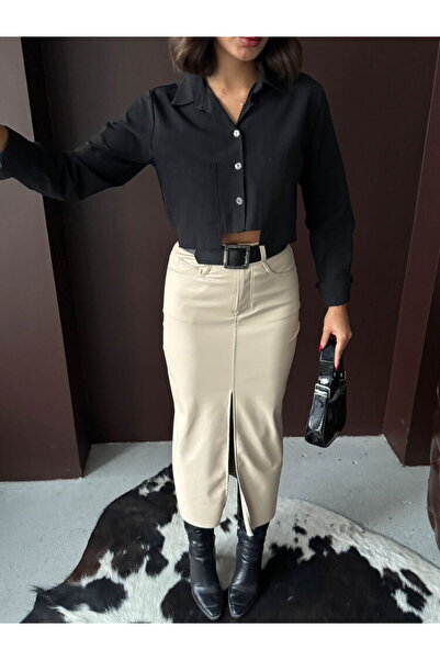 Lady Pixie Leather Slit Detailed Midi Skirt