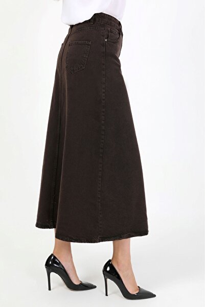 VELLICHOR High Waist A-Line Denim Skirt Brown