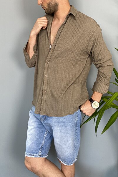 Alışveriş Sokağı Crinkle Fabric Oversized Soft Textured Blue Shirt