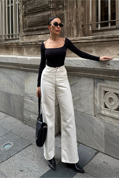 Fav Style Γυναικείο τζιν παντελόνι με ψηλόμεσο κρεμ