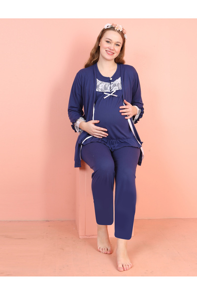 JENİKA Women's Maternity 3-Piece Pajama Set – Stylish Lace and Soft Fabric Detailing